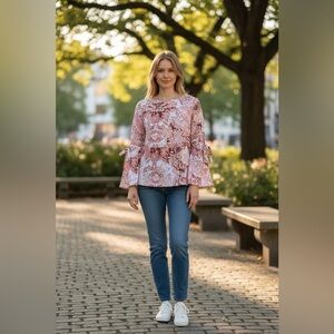 LC Lauren Conrad Pink Paisley Bell Sleeve Tie Blouse Medium cottagecore boho